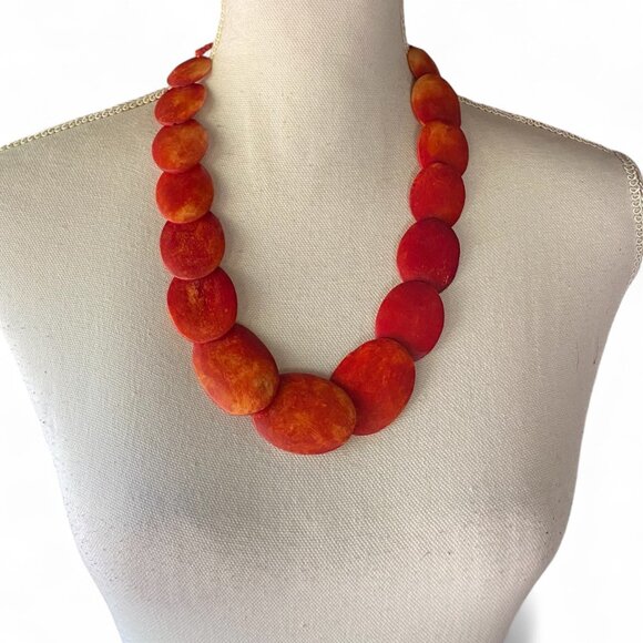Red Orange Vintage Bovine Bone Graduated Disc Statement Necklace Boho Ethnic 22" - Picture 1 of 13